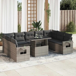 Set de sofás de jardín y cojines 10 pzas ratán sintético gris