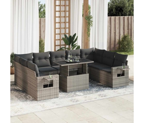 Set de sofás de jardín y cojines 10 pzas ratán sintético gris