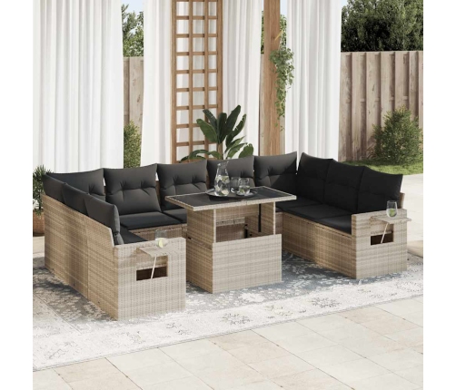 Set sofás jardín 10 pzas con cojines ratán sintético gris claro
