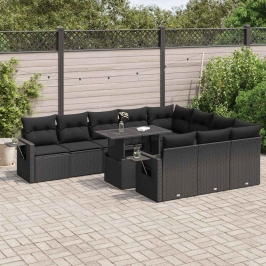 Set de sofás de jardín 11 pzas y cojines ratán sintético negro
