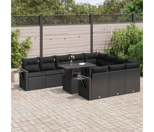 Set de sofás de jardín 11 pzas y cojines ratán sintético negro