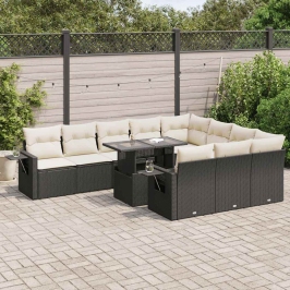 Set de sofás de jardín 11 pzas y cojines ratán sintético negro