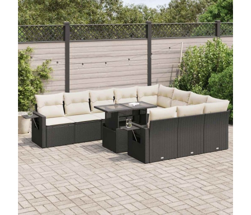 Set de sofás de jardín 11 pzas y cojines ratán sintético negro