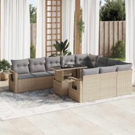 Set de sofás de jardín 11pzas con cojines ratán sintético beige