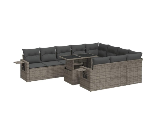 Set de sofás de jardín 11 pzas y cojines ratán sintético gris