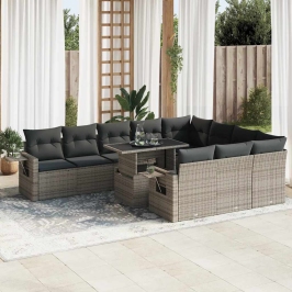 Set de sofás de jardín 11 pzas y cojines ratán sintético gris