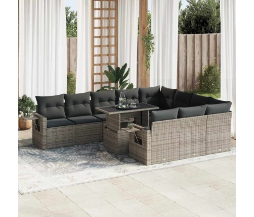 Set de sofás de jardín 11 pzas y cojines ratán sintético gris