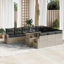 Set de sofás de jardín 11 pzas y cojines ratán sintético gris