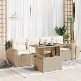 Juego de sofás jardín con cojines 5 pzas ratán sintético beige