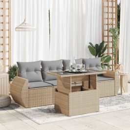 Juego de sofás jardín con cojines 5 pzas ratán sintético beige
