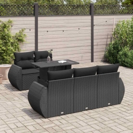 Set de sofás de jardín 6 piezas y cojines ratán sintético negro