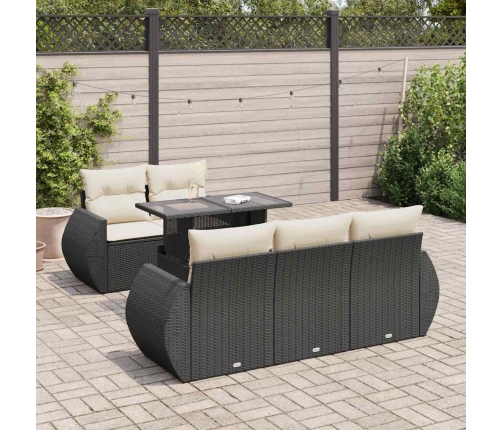 Set de sofás de jardín 6 piezas y cojines ratán sintético negro