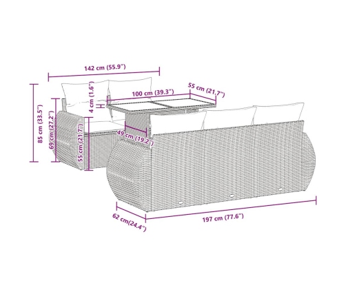 Set de muebles de jardín 6 pzas y cojines ratán sintético gris