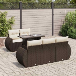Set sofás de jardín 6 piezas y cojines ratán sintético marrón