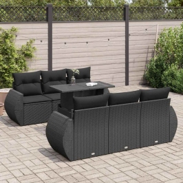 Set de sofás de jardín 7 pzas con cojines ratán sintético negro