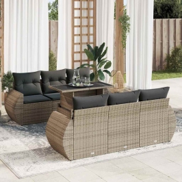 Set de sofás de jardín 7 pzas con cojines ratán sintético gris