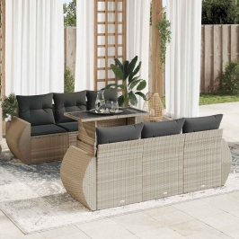 Set de sofás de jardín 7 pzas con cojines ratán PE gris claro