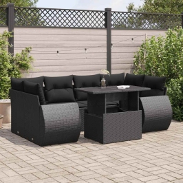 Set de sofás de jardín 7 pzas con cojines ratán sintético negro