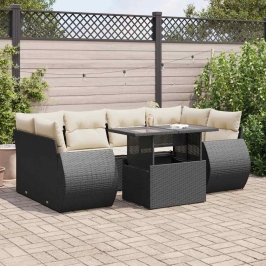 Set de sofás de jardín 7 pzas con cojines ratán sintético negro