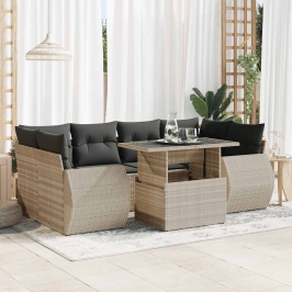 Set de sofás de jardín 7 pzas con cojines ratán PE gris claro