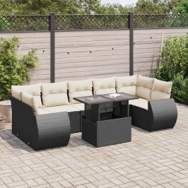 Set de sofás de jardín y cojines 8 piezas ratán sintético negro