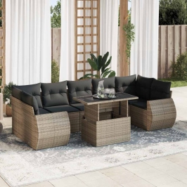 Set de sofás de jardín y cojines 8 piezas ratán sintético gris