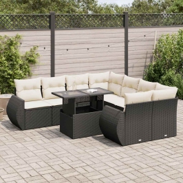 Set de sofás de jardín con cojines 9 pzas ratán sintético negro