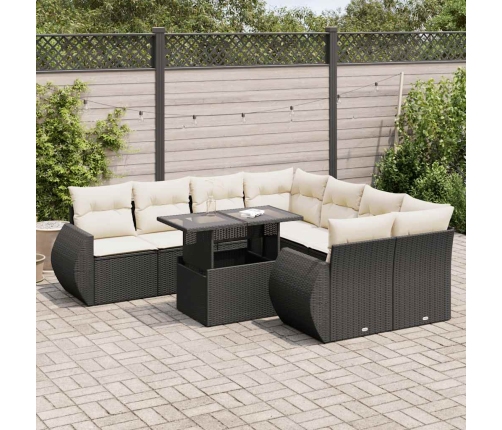 Set de sofás de jardín con cojines 9 pzas ratán sintético negro
