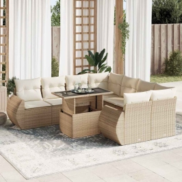 Set de sofás de jardín con cojines 9 pzas ratán sintético beige