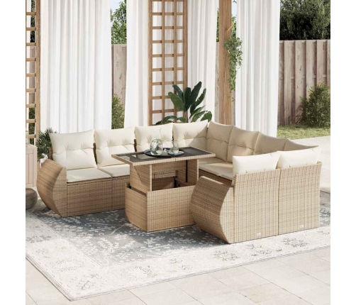 Set de sofás de jardín con cojines 9 pzas ratán sintético beige