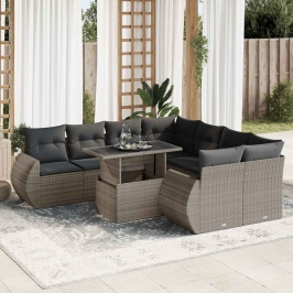 Set de sofás de jardín con cojines 9 pzas ratán sintético gris