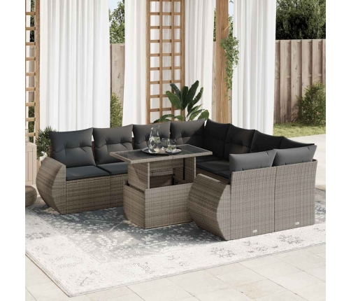 Set de sofás de jardín con cojines 9 pzas ratán sintético gris