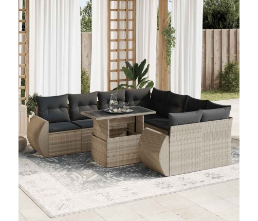 Set muebles jardín 9 pzas y cojines ratán sintético gris claro