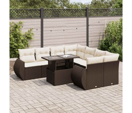 Set de sofás de jardín 9 pzas y cojines ratán sintético marrón