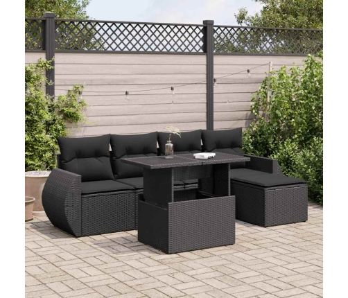 Set de sofás de jardín 6 piezas y cojines ratán sintético negro
