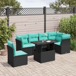 Set de sofás de jardín 6 piezas y cojines ratán sintético negro
