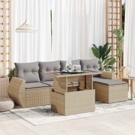 Juego de sofás jardín con cojines 6 pzas ratán sintético beige