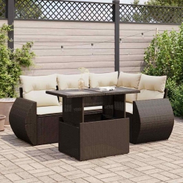 Set comedor de jardín 5 piezas y cojines ratán sintético marrón