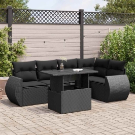 Set de sofás de jardín 6 piezas y cojines ratán sintético negro