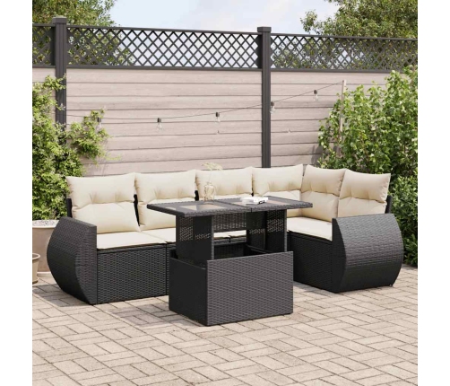 Set de sofás de jardín 6 piezas y cojines ratán sintético negro