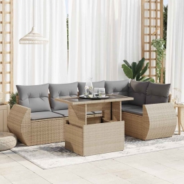 Juego de sofás jardín con cojines 6 pzas ratán sintético beige