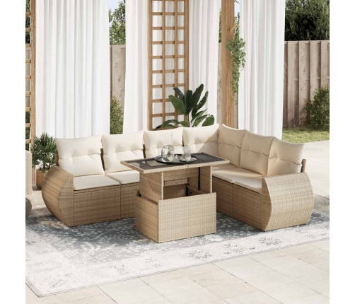 Set sofás de jardín 7 piezas y cojines ratán sintético beige