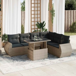Set de sofás de jardín 7 pzas con cojines ratán sintético gris