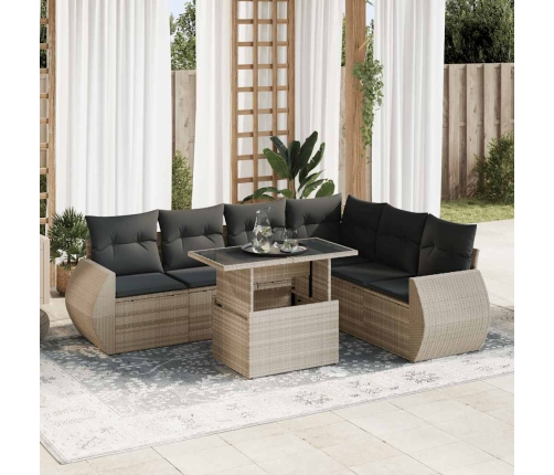 Set de sofás de jardín 7 pzas con cojines ratán PE gris claro