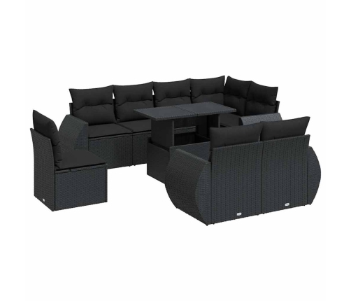 Set de sofás de jardín con cojines 9 pzas ratán sintético negro