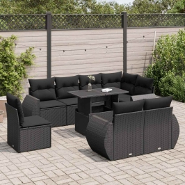 Set de sofás de jardín con cojines 9 pzas ratán sintético negro