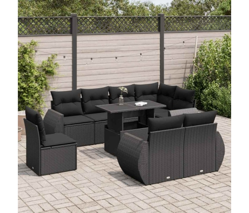 Set de sofás de jardín con cojines 9 pzas ratán sintético negro
