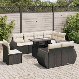 Set de sofás de jardín con cojines 9 pzas ratán sintético negro