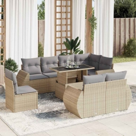 Set de sofás de jardín con cojines 9 pzas ratán sintético beige