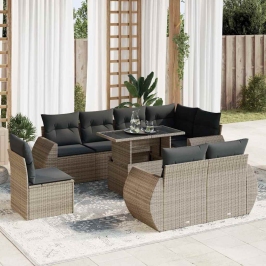 Set de sofás de jardín con cojines 9 pzas ratán sintético gris